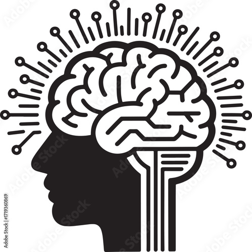 Artificial Intelligence Brain with Circuitry and Head Silhouette Illustration for Technology