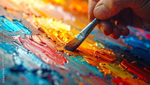Close-up of an Artist's Hand Painting with a Brush and Vibrant Oil Paints on a Palette
