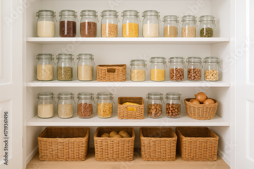 Wallpaper Mural A perfectly arranged white pantry with multiple shelves holding glass jars filled with various dry goods, including nuts and grains, complemented by natural woven baskets Torontodigital.ca