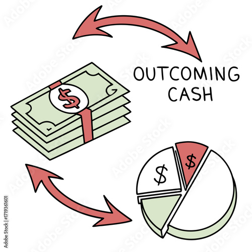 Conceptual illustration of outcoming cash flow represented by money stack and pie chart with arrows