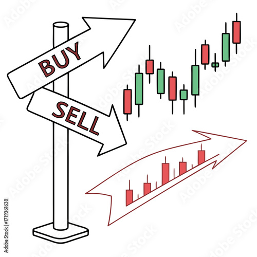 Decision point for stock market trading with buy and sell arrows and candlestick charts illustrating price trends