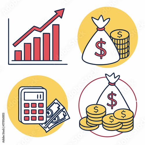 Financial growth and savings concept icons including bar graph money bag calculator and coins
