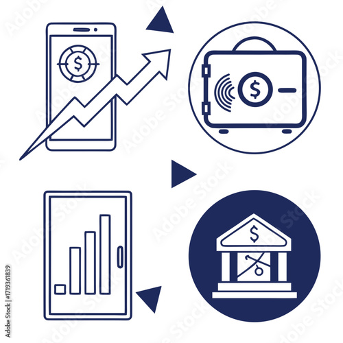 Financial growth and security concepts illustrated with icons of a smartphone safe bar chart and bank