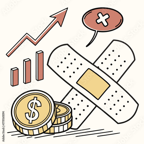 Financial health concept with rising graph coins and band aids signifying recovery and growth