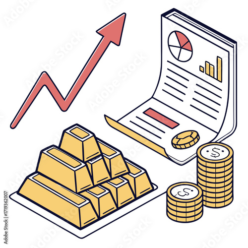 Illustration of gold bars and coins with a rising arrow and financial report symbolizing investment growth and wealth