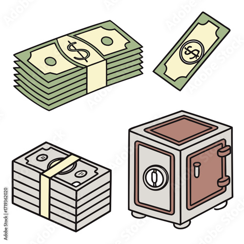 Illustration of stacks of cash money and a secure metal safe box on a white background