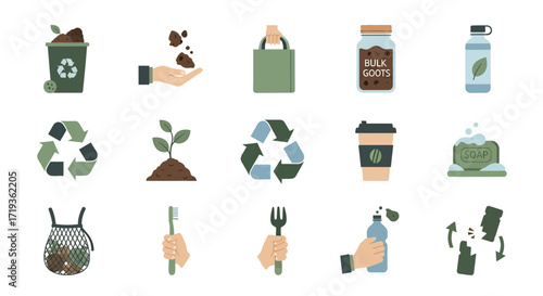 Recycling waste reduction and reuse icons set.