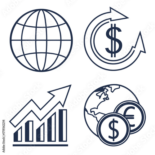 Set of four business and finance icons depicting global economy currency exchange financial growth and international trade