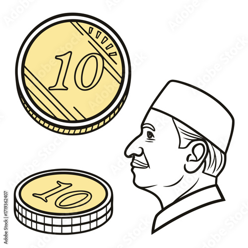 Stylized illustration of a man in profile wearing a fez and two coins with the number ten on them