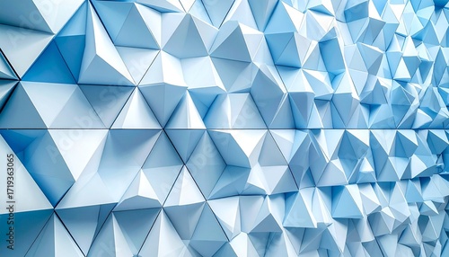 Abstract background with a modern geometric pattern of blue and white 3D triangles creating a futuristic technological surface