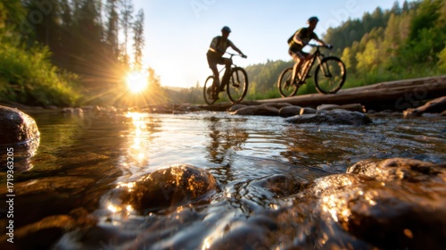 Two cyclists ride alongside a serene river as the sun rises, capturing a moment of adventure and connection with nature in a picturesque outdoor setting.