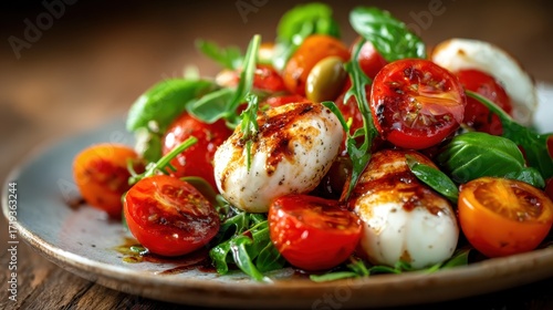 This fresh and colorful Caprese salad features creamy mozzarella, ripe cherry tomatoes, and aromatic basil leaves drizzled with balsamic reduction for a delightful taste.