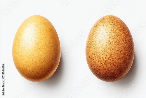 Two eggs, one light golden, one medium brown, top-down view on white background