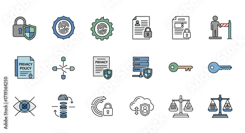 Security and privacy icons representing data protection and safety.