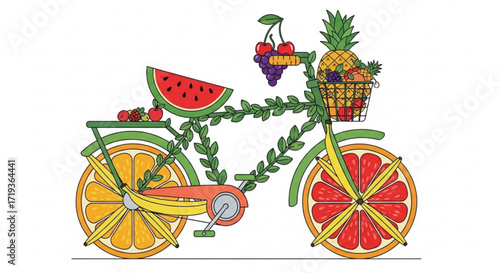 A bicycle made of fruits and leaves summer harvest concept with watermelon, pineapple, grapes, cherries, orange and grapefruit
