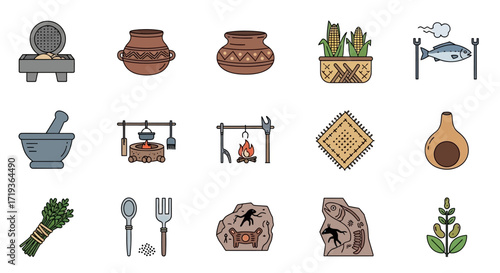 Set of Ancient Civilization and Primitive Cooking Icons.