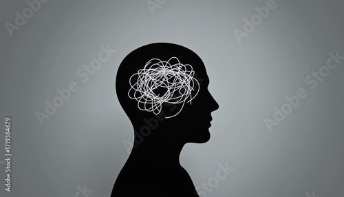 Silhouette head brain concept mental health anxiety stress thought confusion profile black white
