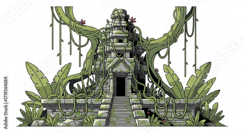 An ancient temple ruin overgrown with lush vegetation, evoking a sense of mystery and adventure