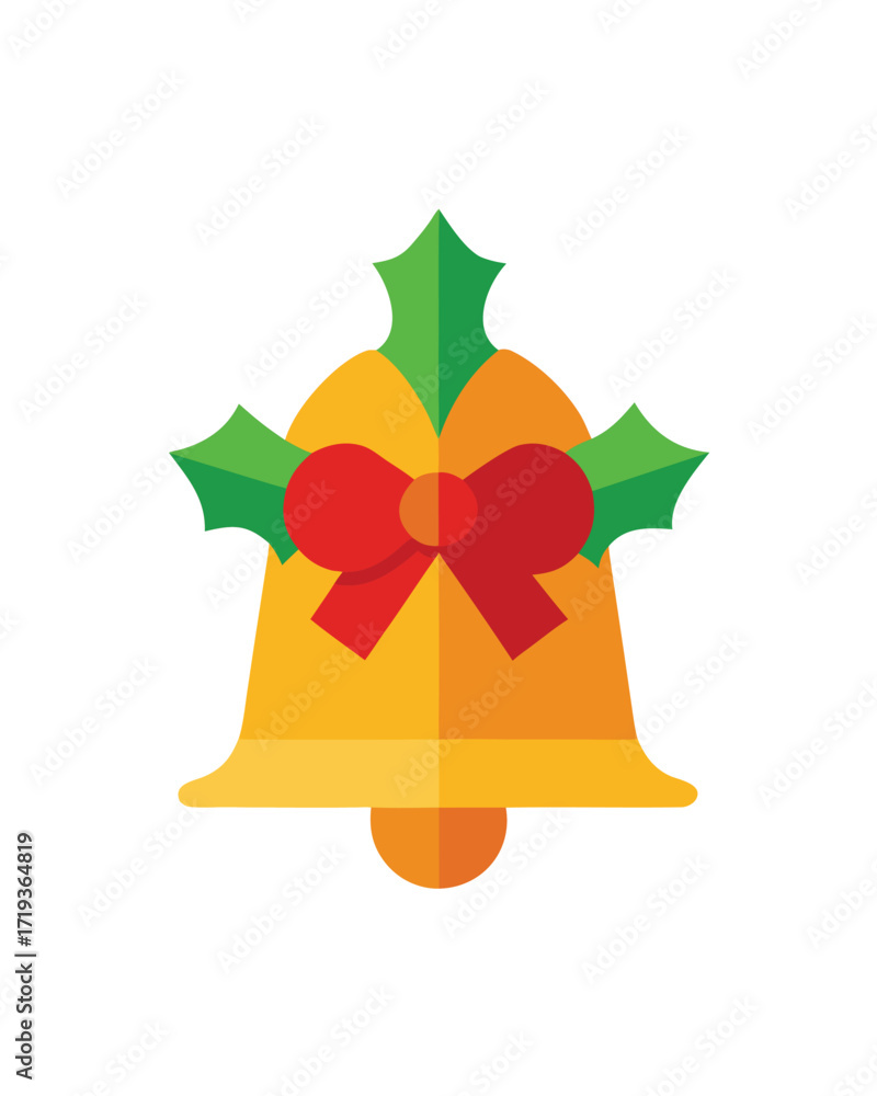 Obraz premium Golden christmas bell with red bow and holly leaves