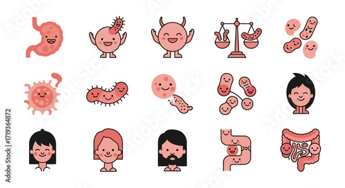 Set of Cute Gut Microbiome and Digestive System Icons.