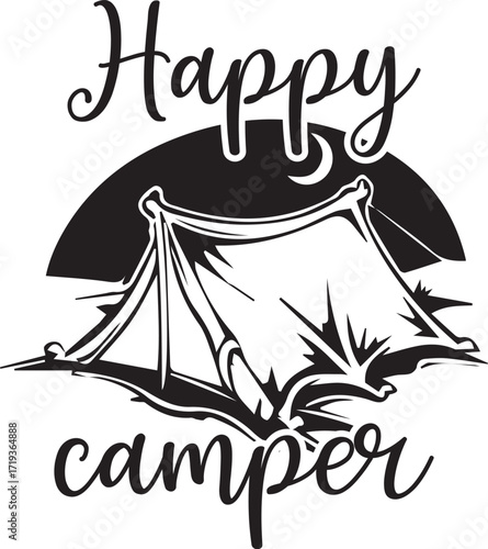 A black and white graphic illustration with the text 'Happy camper' surrounding a camping tent under a crescent moon.