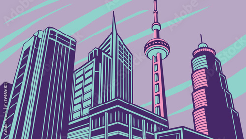 Dynamic Shanghai skyline illustration featuring modern architecture and the Oriental Pearl Tower, perfect for travel and urban design concepts.