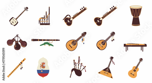 Set of Diverse Ethnic and Folk Musical Instruments Icons.