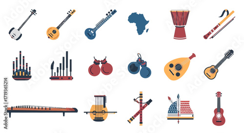 Set of Diverse Ethnic Musical Instruments from Around the World.