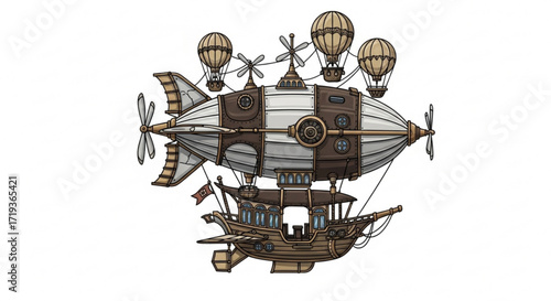 Steampunk airship with balloons, showcasing a vintageinspired flying machine with intricate details and imaginative design elements