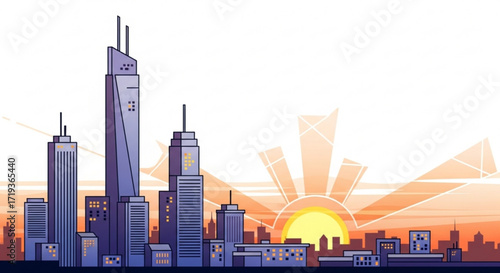 City skyline silhouette with rising sun, showcasing urban architecture and a vibrant sunrise, creating a modern and dynamic scene