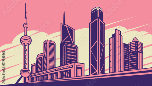 Stunning city skyline illustration with modern architecture, urban design, and vibrant colors creating a dynamic and eye-catching cityscape art piece