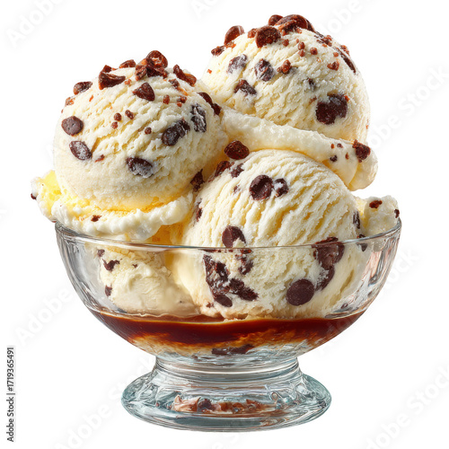 Creamy vanilla ice cream scoops with chocolate chips in glass bowl Keywords: ice cream, dessert isolated on a transparent background