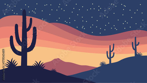 Serene desert vista under a starry night sky, offering a peaceful, stylized landscape for travel, tourism, or southwestern themed designs and promotions
