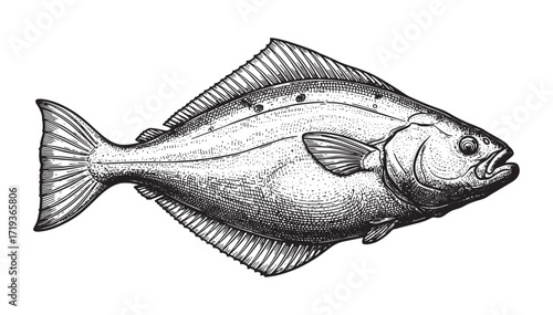 Halibut fish, engraving vector style
