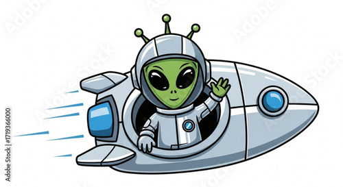 A cute alien with big black eyes in a white spacesuit waving from a silver rocket for a childrens book illustration