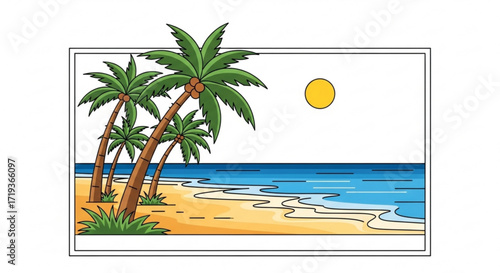Tropical beach with palm trees and sun a serene seaside scene with golden sand, blue water, and lush greenery for vacation vibes