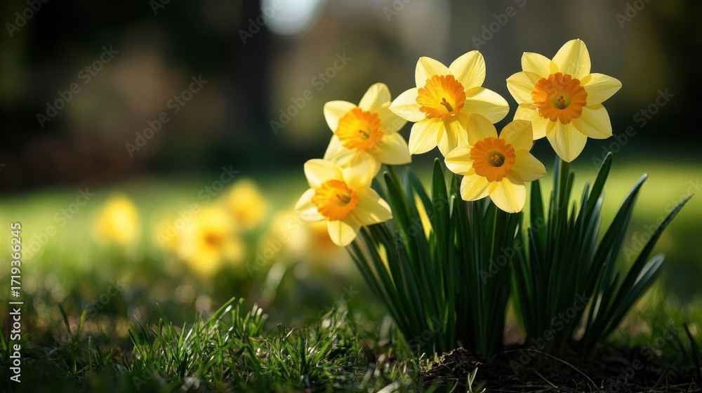 Fototapeta premium Bright yellow daffodils blooming in a garden. Symbol of spring and renewal.