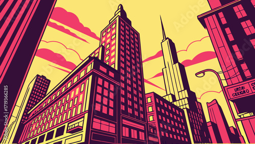 Vibrant city skyline illustration with skyscrapers reaching for the sky, capturing the energy and ambition of urban life in a dynamic vector graphic