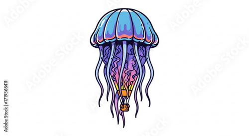 A whimsical jellyfish air balloon floats gracefully against an, blending marine life with aviation in a surreal, dreamlike illustration