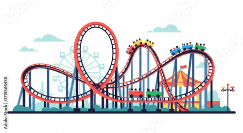Experience the thrill of a rollercoaster ride with twists, turns, and loops, set against a backdrop of a vibrant amusement park