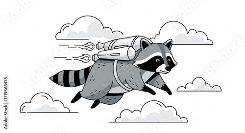A raccoon soars through the sky with a rocket pack, navigating clouds in a whimsical adventure, embodying freedom and exploration