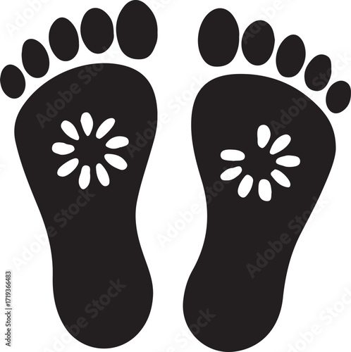 Barefoot human prints and various summer footwear patterns, including flip-flops and sandals, create a fun vector illustration on a white background