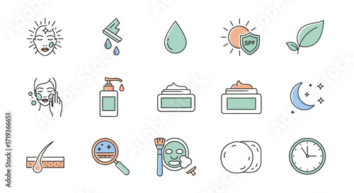 Skincare routine icons set for beauty and cosmetics.