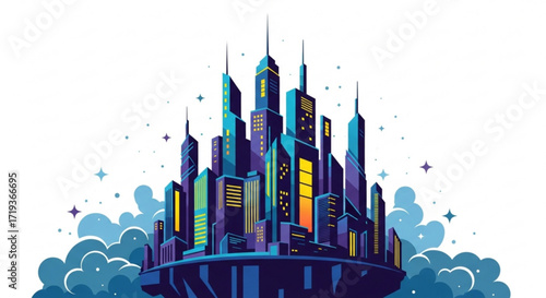 A futuristic city skyline rises above the clouds, showcasing a vibrant metropolis with towering skyscrapers and a sense of innovation and progress