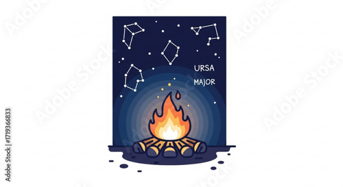 A cozy campfire burns beneath the watchful gaze of the ursa major constellation, , casting a warm glow on a starlit night