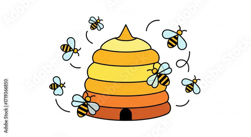 A charming beehive buzzes with activity as bees flit around, , creating a sweet scene of natures industriousness