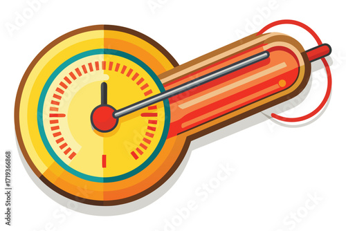 Yellow circular gauge displaying orange thermometer indicating heat, set against a clean white backdrop