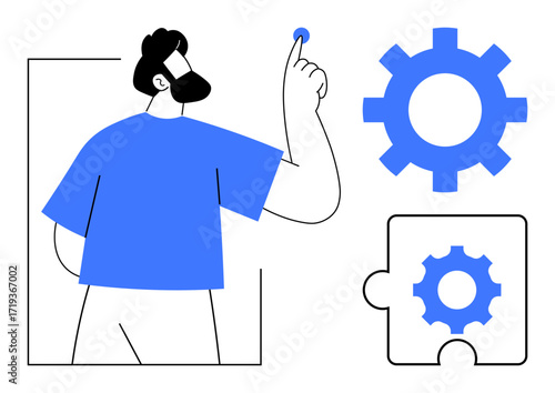 Person raising a hand with a gear and puzzle piece, representing innovation, teamwork, solution, planning, collaboration, creativity, and productivity. Ideal for strategy technical process