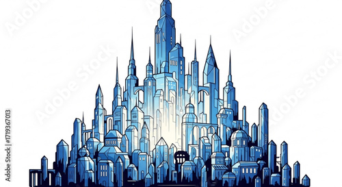 A futuristic cityscape rises majestically, , its towering structures and intricate details creating a breathtaking skyline