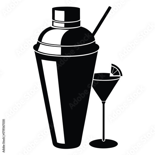 Cocktail shaker and cocktail glass with orange wedge, isolated in black silhouette create a party vibe